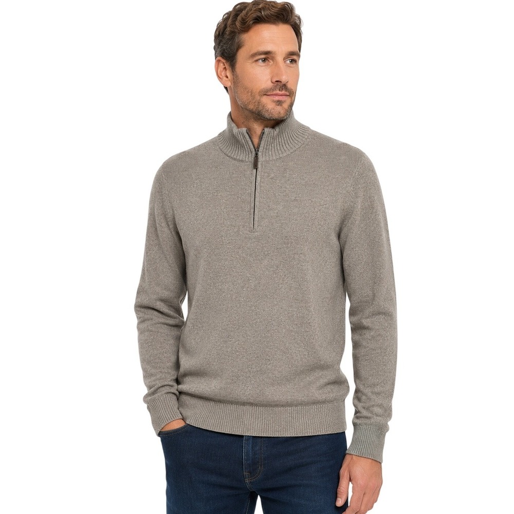 Eddie Bauer Sweater Mens L Wheat Heather Cotton Cashmere 1/4 Zip Mock Neck New
